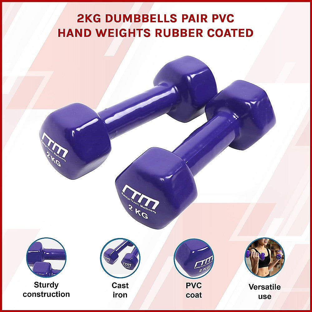 Weightlifting Machines & Racks: 2kg Dumbbells Pair PVC Hand Weights Rubber Coated