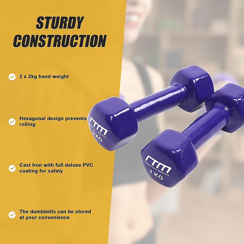 Weightlifting Machines & Racks: 2kg Dumbbells Pair PVC Hand Weights Rubber Coated