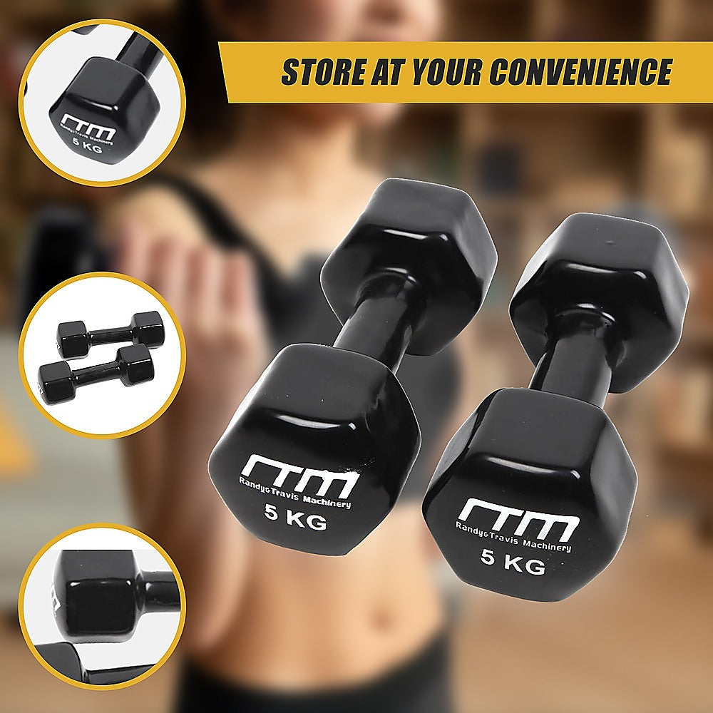 Weightlifting Machines & Racks: 5kg Dumbbells Pair PVC Hand Weights Rubber Coated