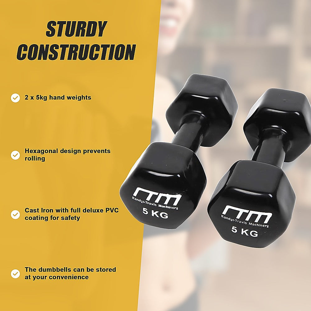 Weightlifting Machines & Racks: 5kg Dumbbells Pair PVC Hand Weights Rubber Coated