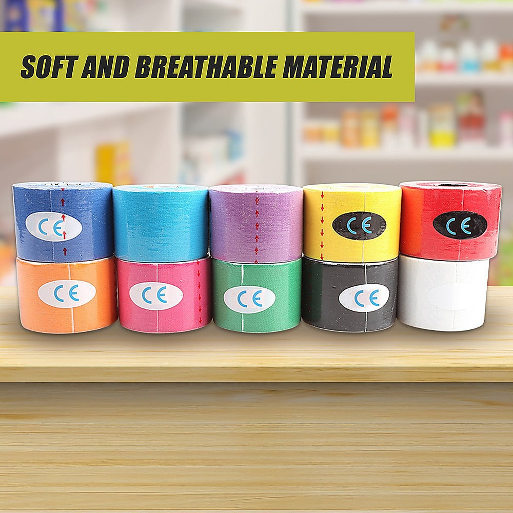 10 Rolls Muscle & Injury Kinesiology Sports Tape 5m x 5cm – Waterproof Support