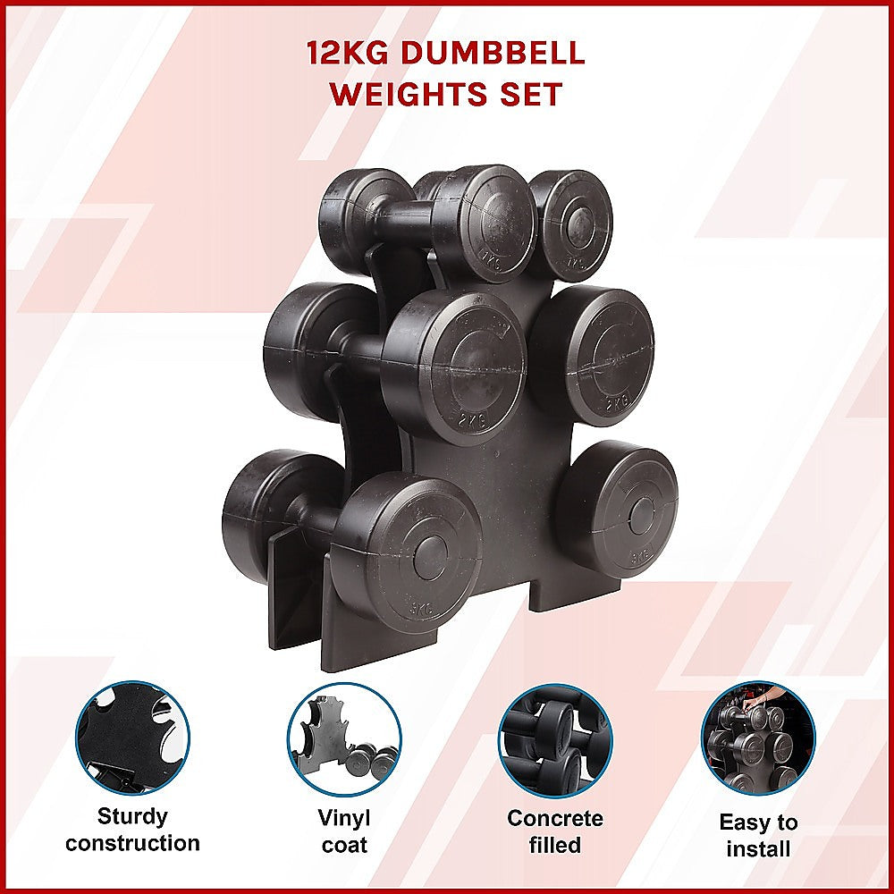 Weightlifting Machines & Racks: 12kg Dumbbell Weights Set with Rack for Home Gym Training