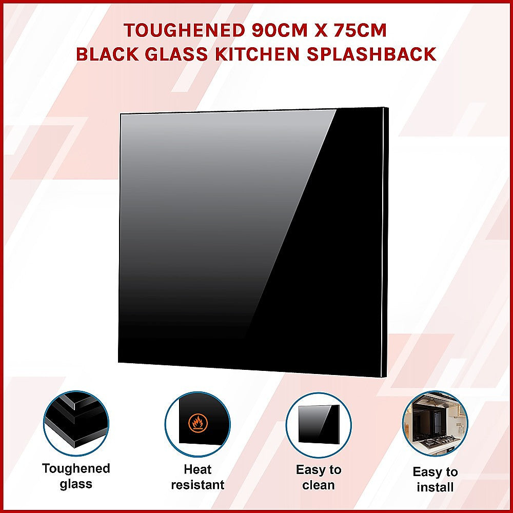 Building Materials: Toughened 90cm x 75cm Black Glass Kitchen Splashback