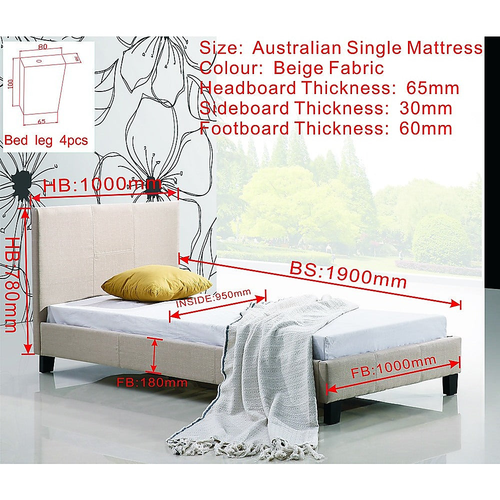 Beds & Bed Frames: Single Linen Fabric Bed Frame Beige