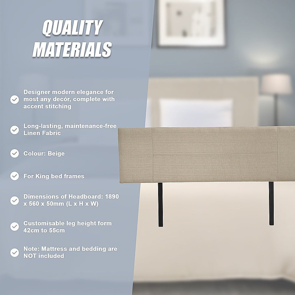 Headboards: Linen Fabric King Bed Headboard Bedhead - Beige