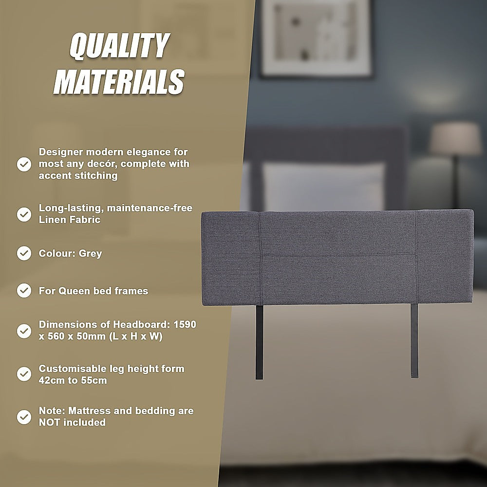 Headboards: Linen Fabric Queen Bed Headboard Bedhead - Grey