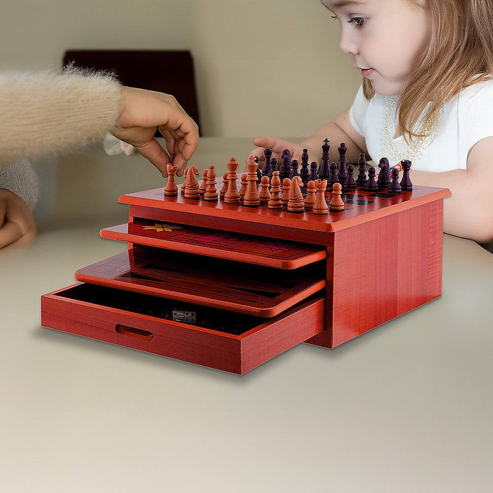Activity Games: 10 in 1 Wooden Chess Board Games Slide Out Checkers House Unit Set
