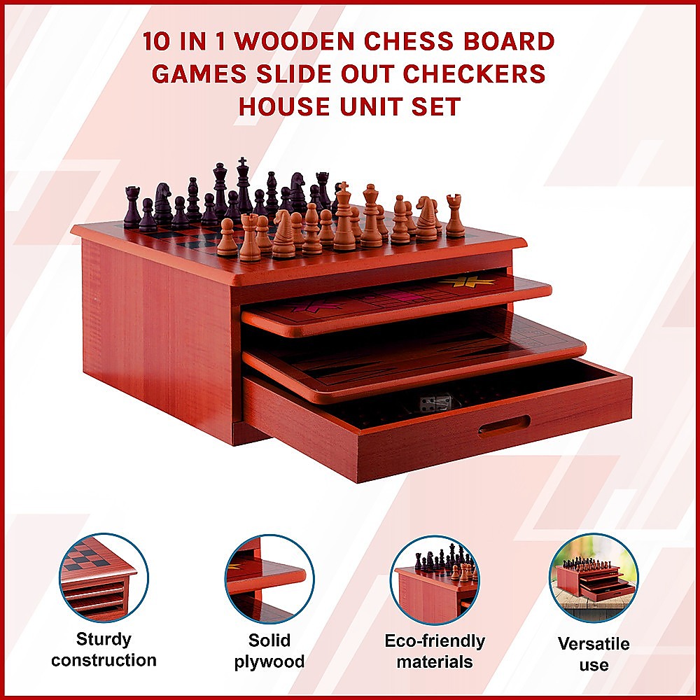 Activity Games: 10 in 1 Wooden Chess Board Games Slide Out Checkers House Unit Set