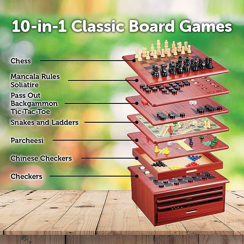 Activity Games: 10 in 1 Wooden Chess Board Games Slide Out Checkers House Unit Set