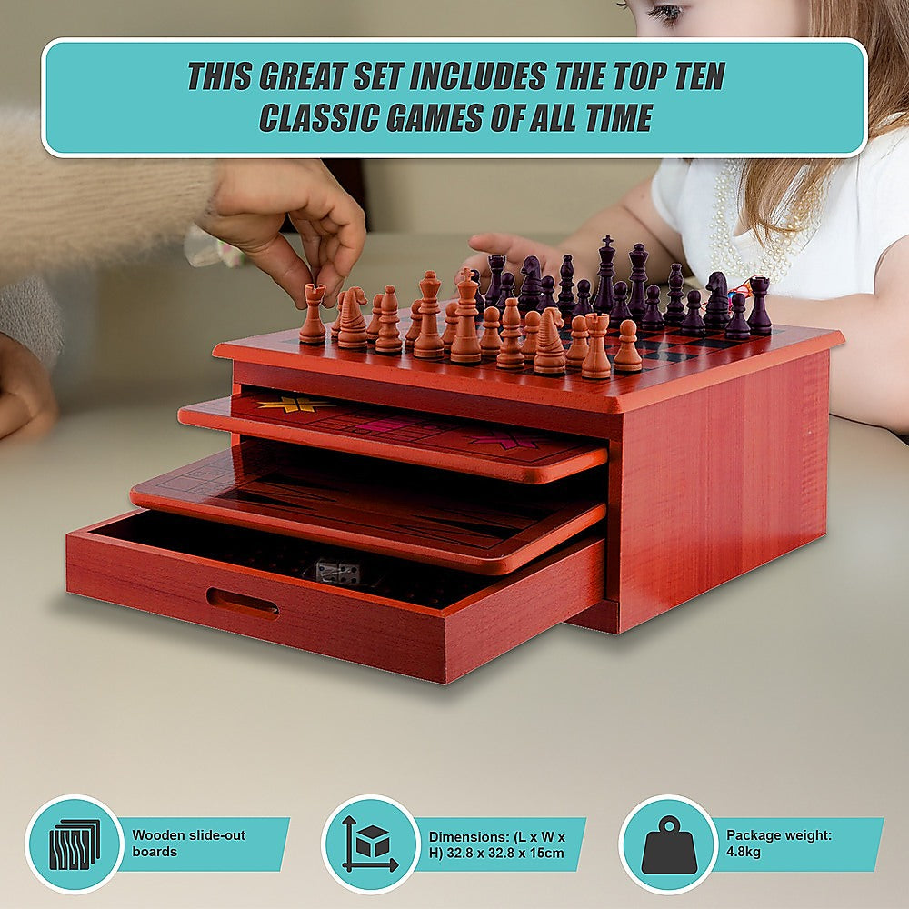 Activity Games: 10 in 1 Wooden Chess Board Games Slide Out Checkers House Unit Set