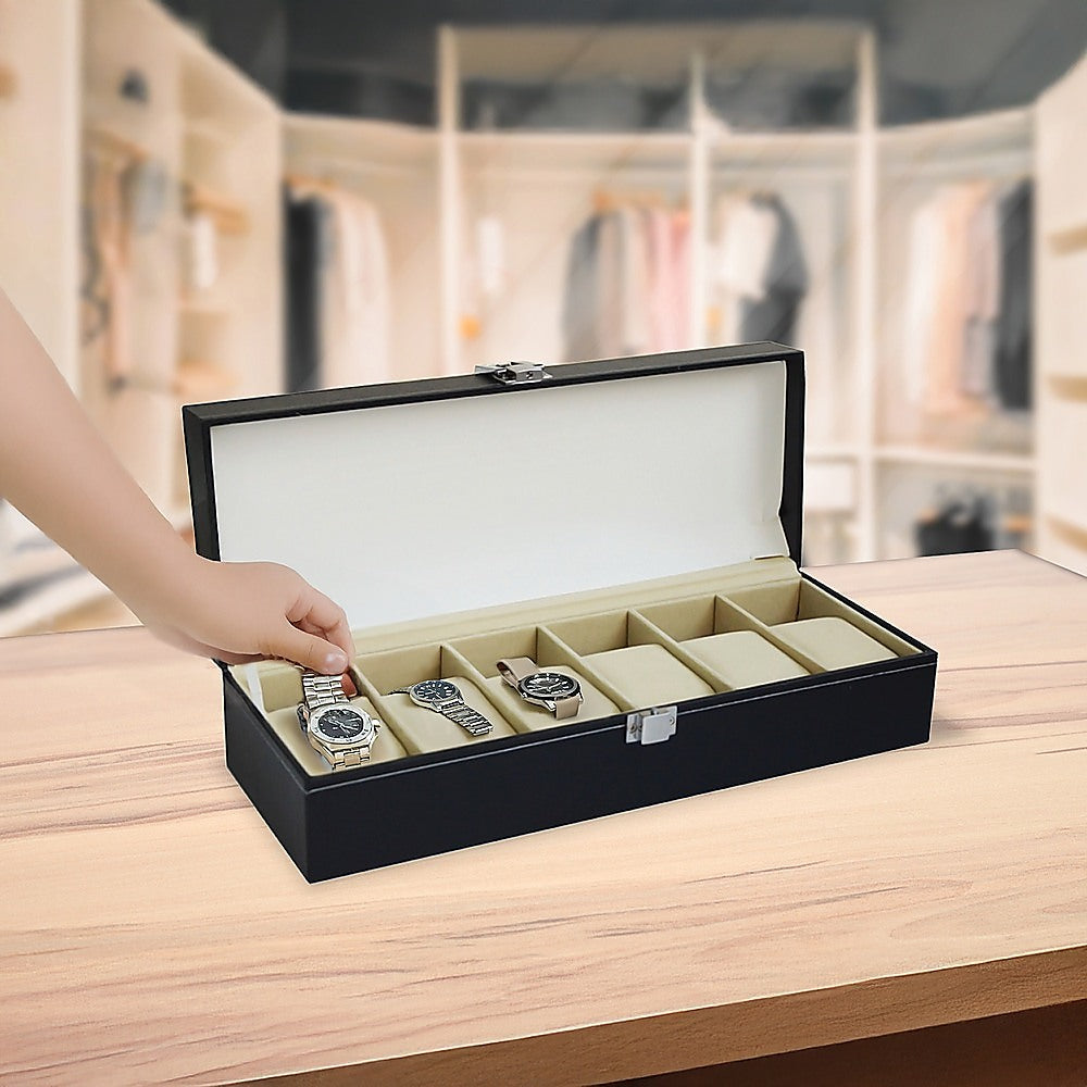 Arts & Crafts: 6 Slot Mens Watch Display Case Box Black PU Leather