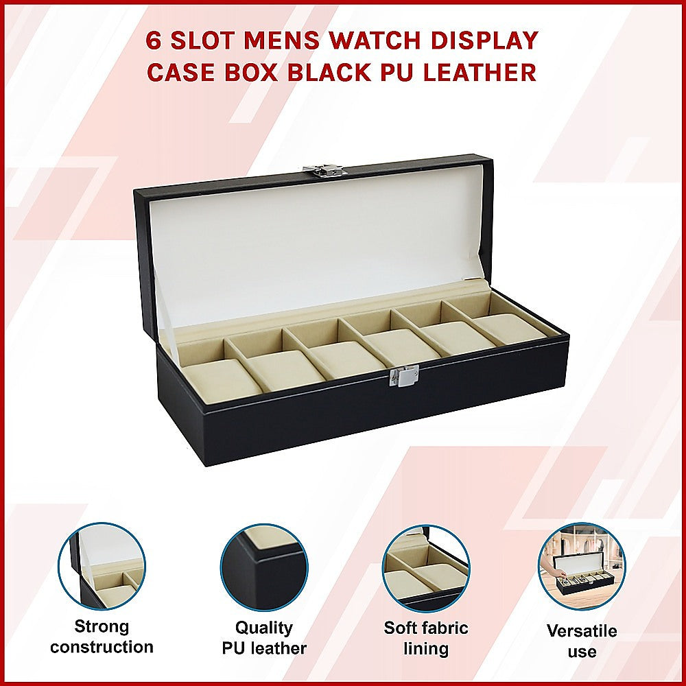 Arts & Crafts: 6 Slot Mens Watch Display Case Box Black PU Leather