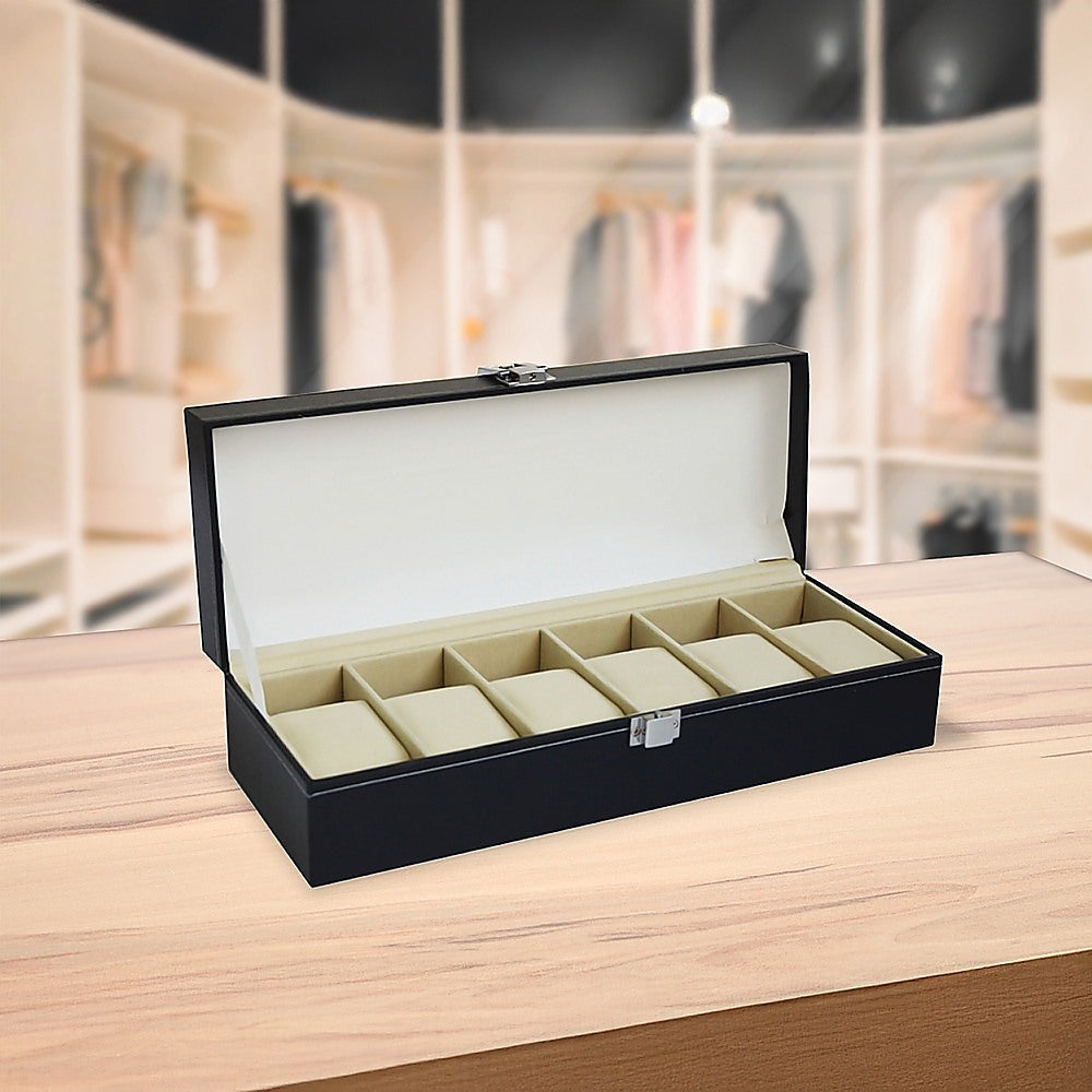 Arts & Crafts: 6 Slot Mens Watch Display Case Box Black PU Leather