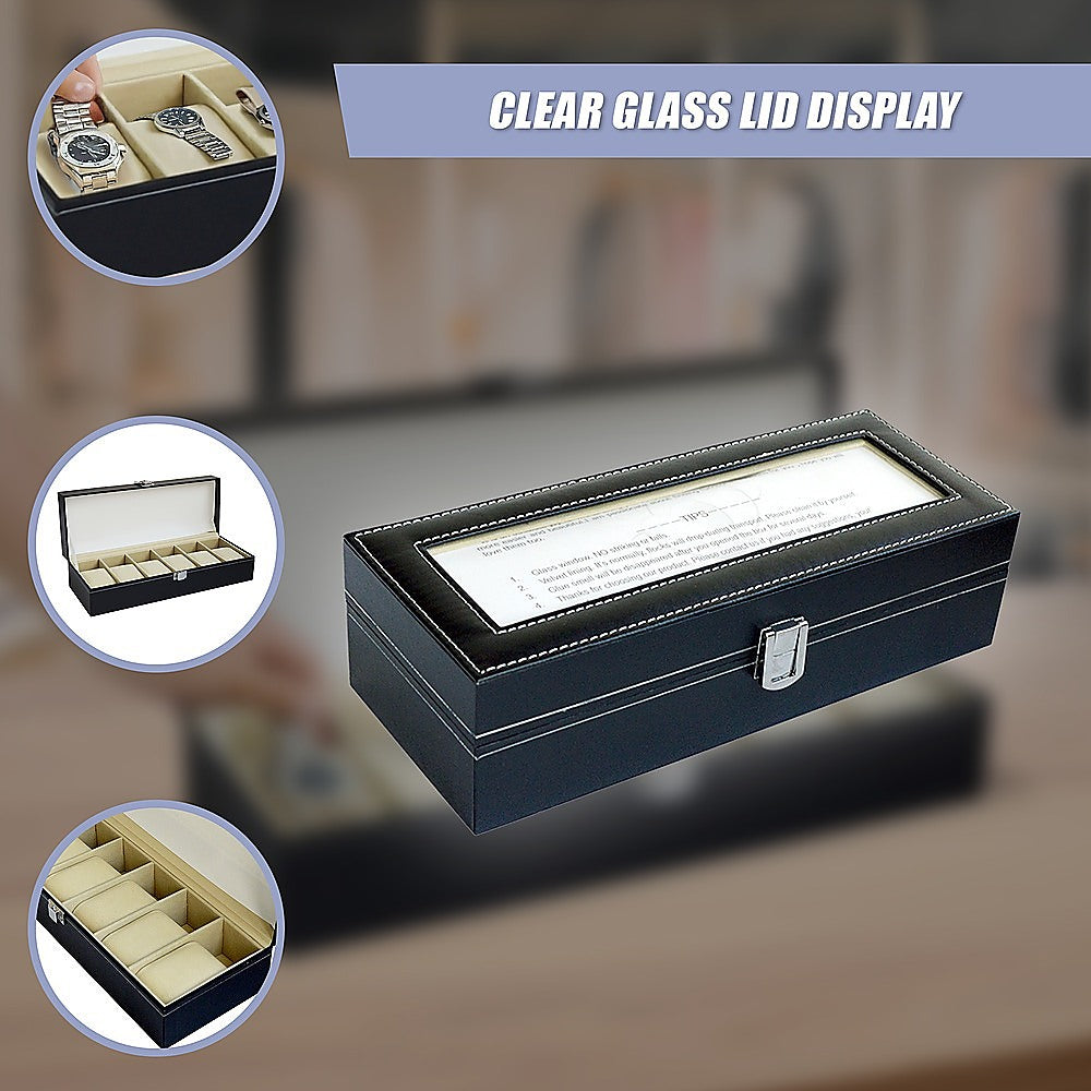 Arts & Crafts: 6 Slot Mens Watch Display Case Box Black PU Leather