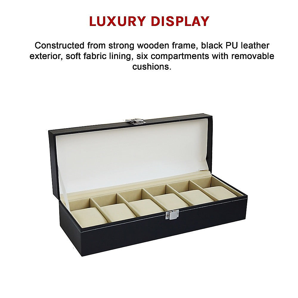 Arts & Crafts: 6 Slot Mens Watch Display Case Box Black PU Leather