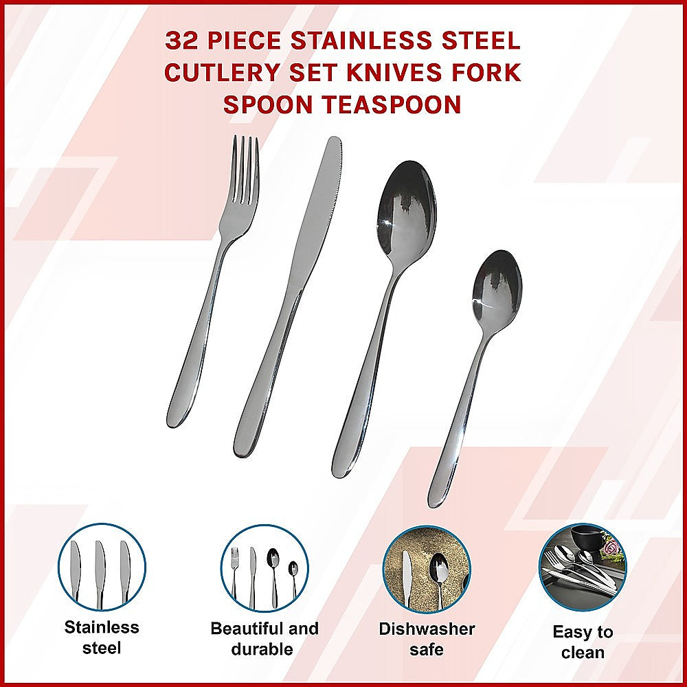 Kitchen Utensils: 32 Piece Stainless Steel Cutlery Set Knives Fork Spoon Teaspoon