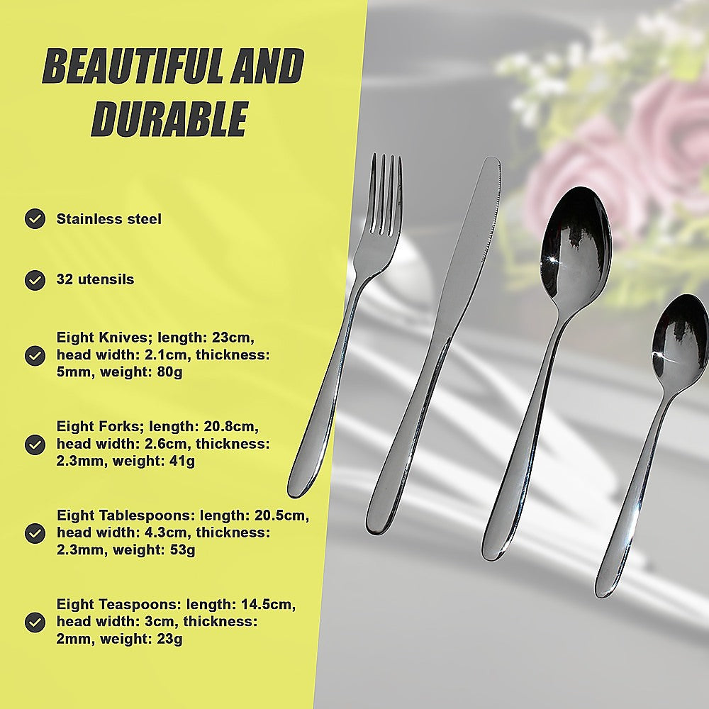 Kitchen Utensils: 32 Piece Stainless Steel Cutlery Set Knives Fork Spoon Teaspoon