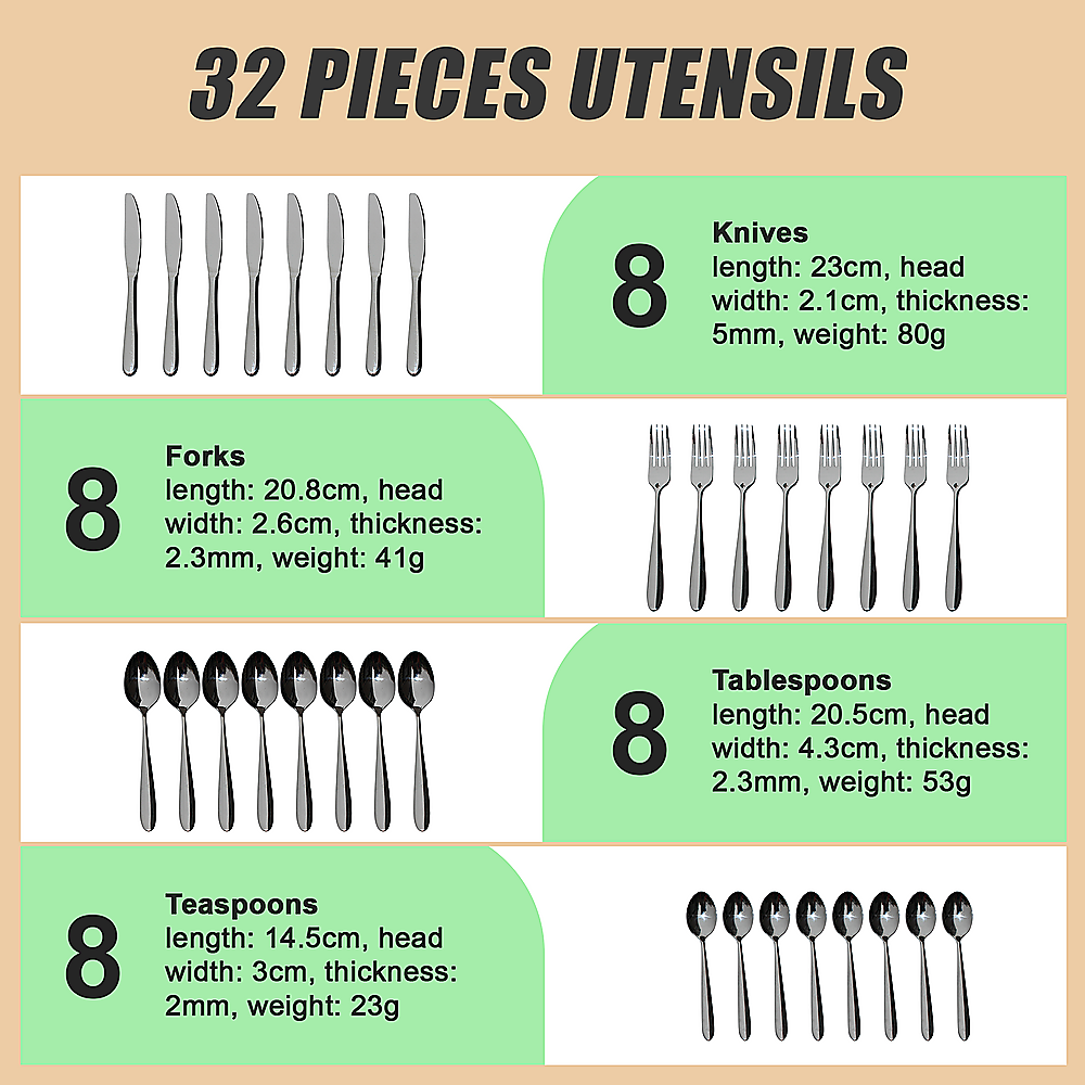 Kitchen Utensils: 32 Piece Stainless Steel Cutlery Set Knives Fork Spoon Teaspoon