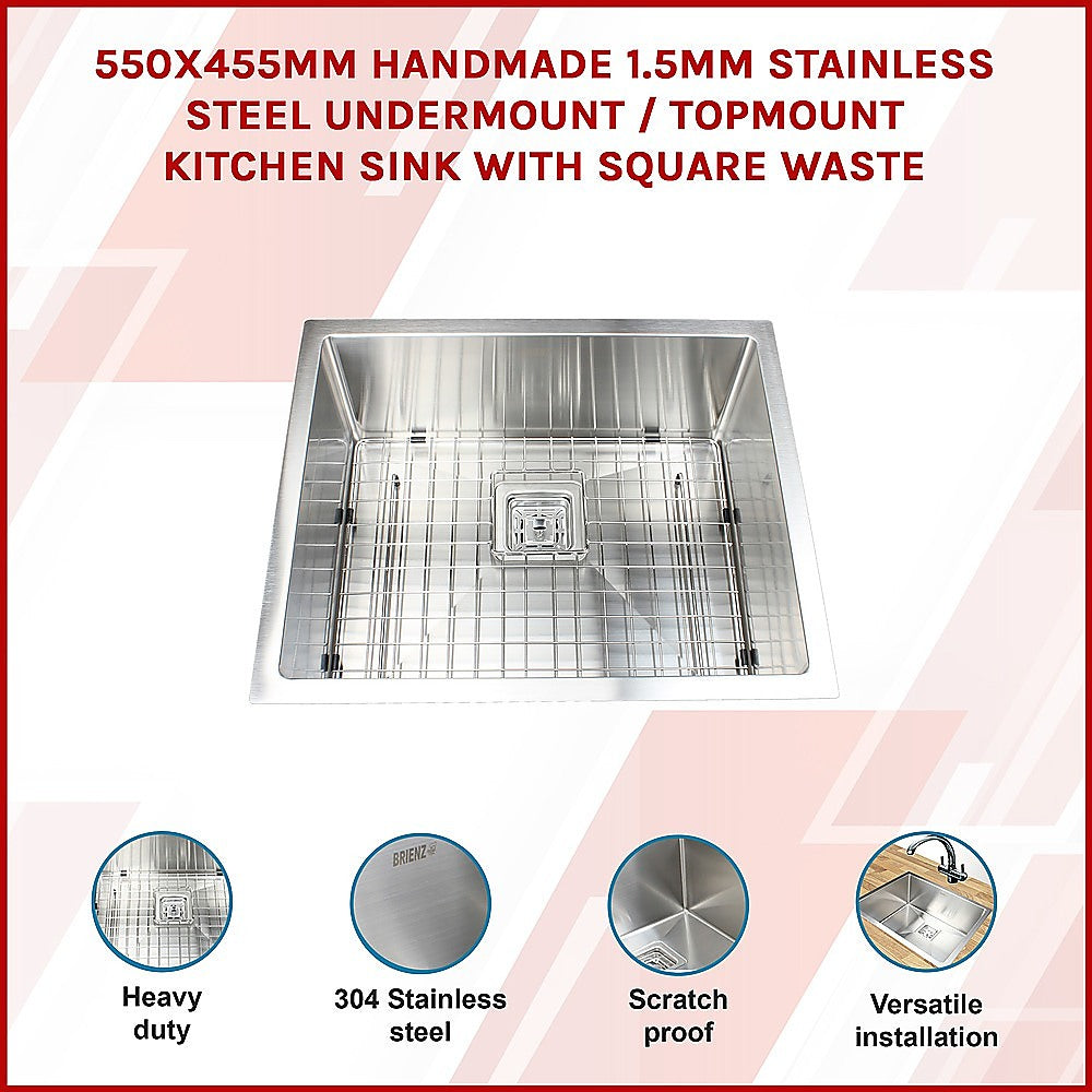 Kitchen Sinks: 550x455mm Handmade 1.5mm Stainless Steel Undermount / Topmount Kitchen Sink with Square Waste