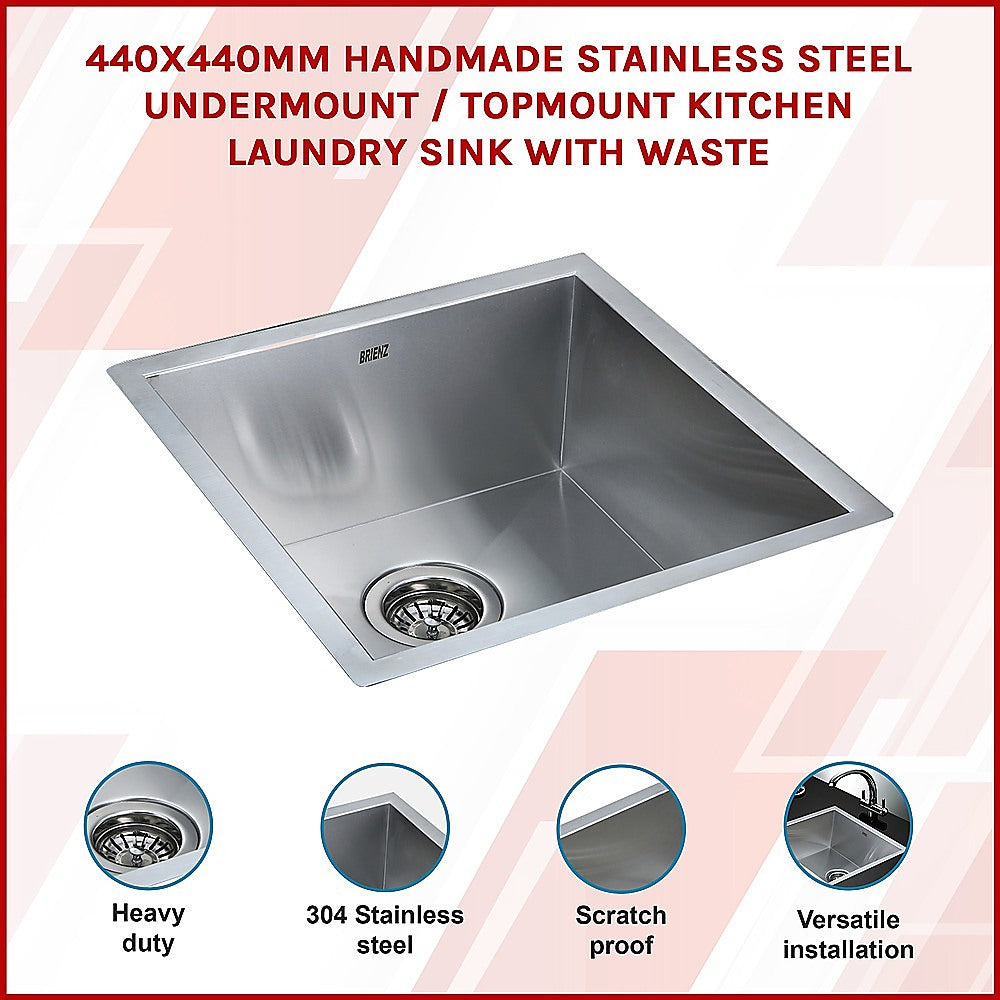 Sinks: 440x440mm Handmade Stainless Steel Undermount / Topmount Kitchen Laundry Sink with Waste