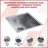 Sinks: 440x440mm Handmade Stainless Steel Undermount / Topmount Kitchen Laundry Sink with Waste