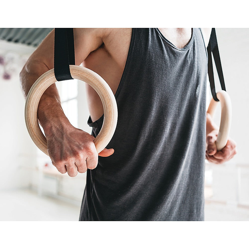 Gym Equipment & Accessories: Birch Wood Gymnastic Rings with Adjustable Straps  Strength & Calisthenics Training