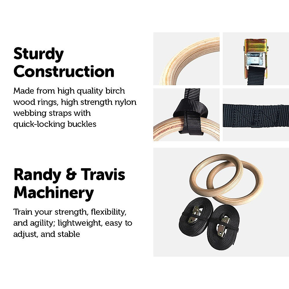 Gym Equipment & Accessories: Birch Wood Gymnastic Rings with Adjustable Straps  Strength & Calisthenics Training