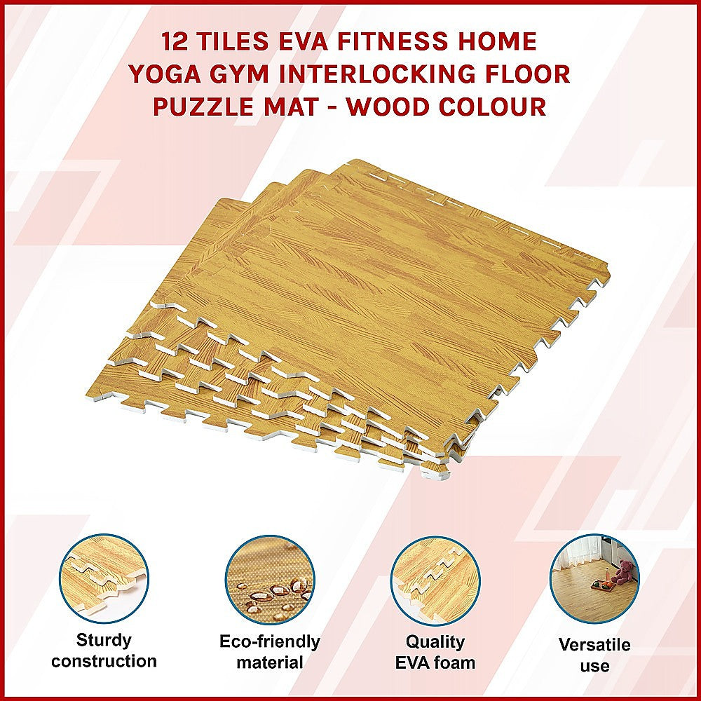 12 Tile EVA Interlocking Gym Floor Mats Wood Colour for Home Yoga