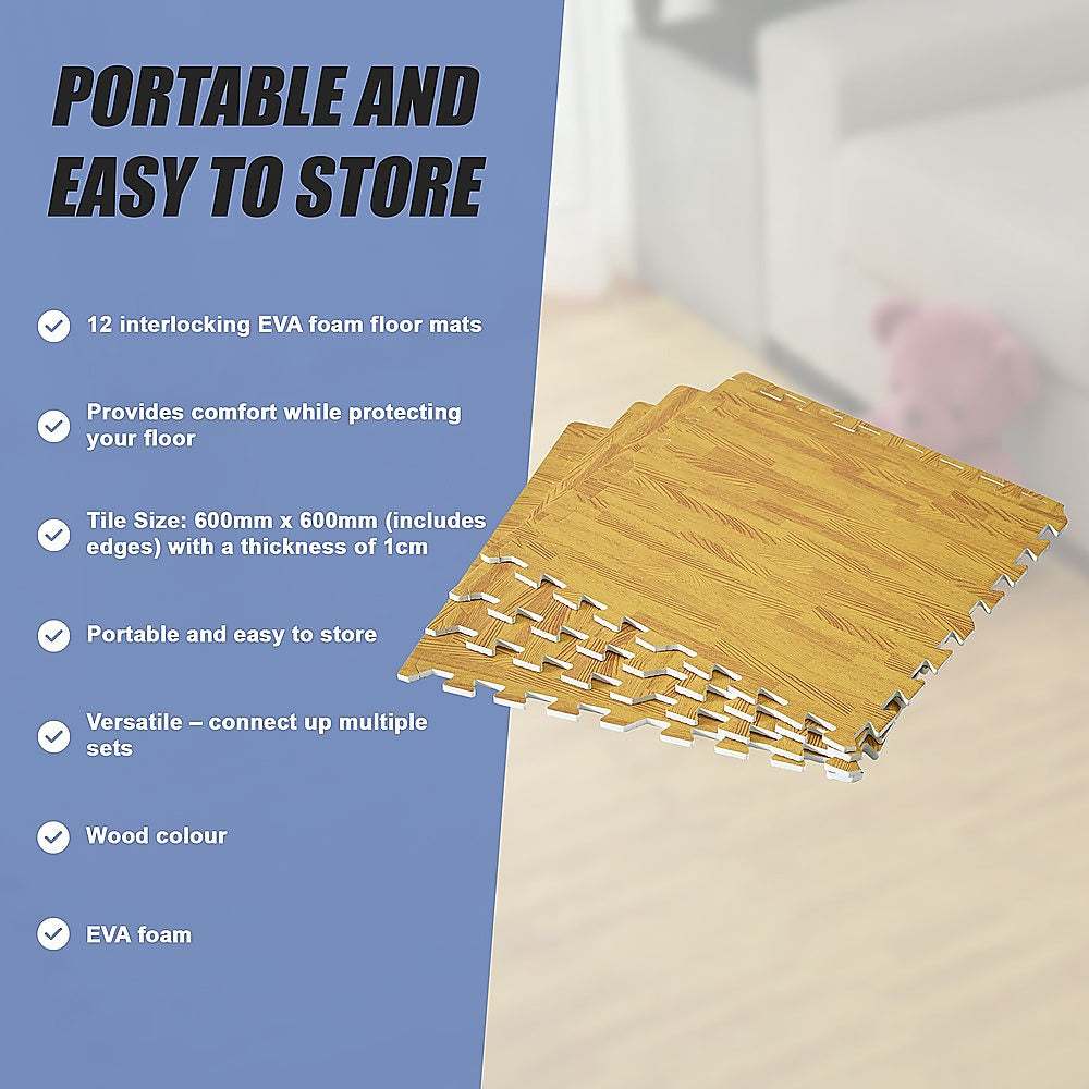 12 Tile EVA Interlocking Gym Floor Mats Wood Colour for Home Yoga