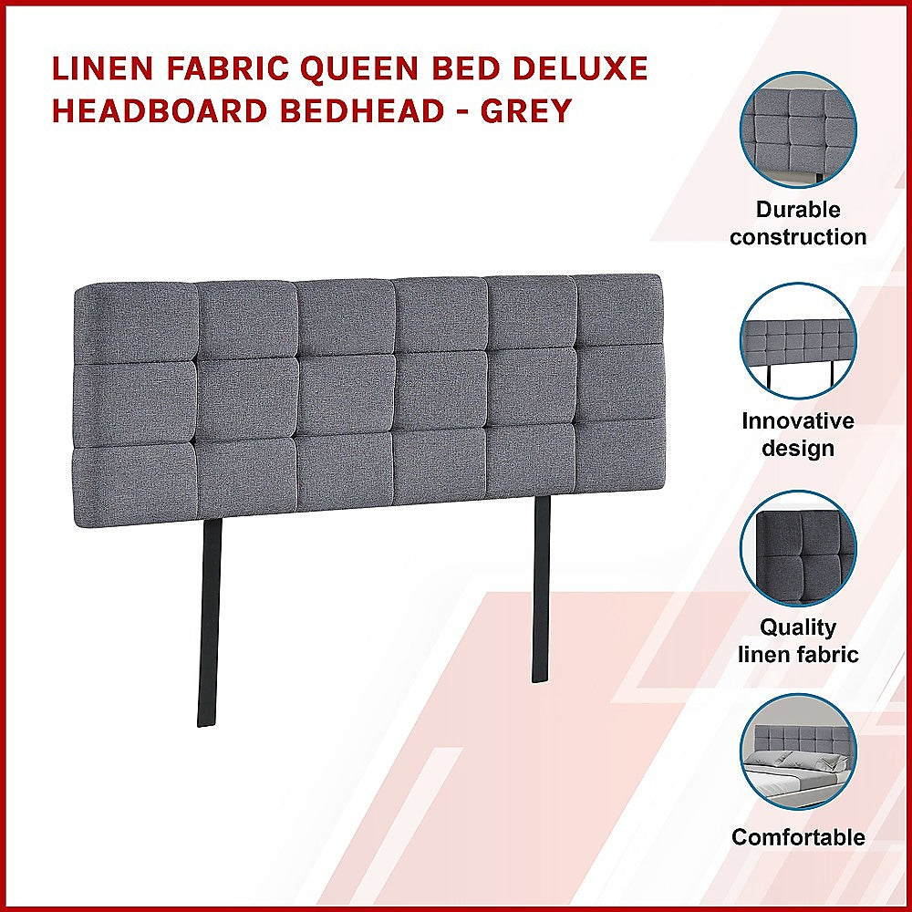Headboards: Linen Fabric Queen Bed Deluxe Headboard Bedhead - Grey