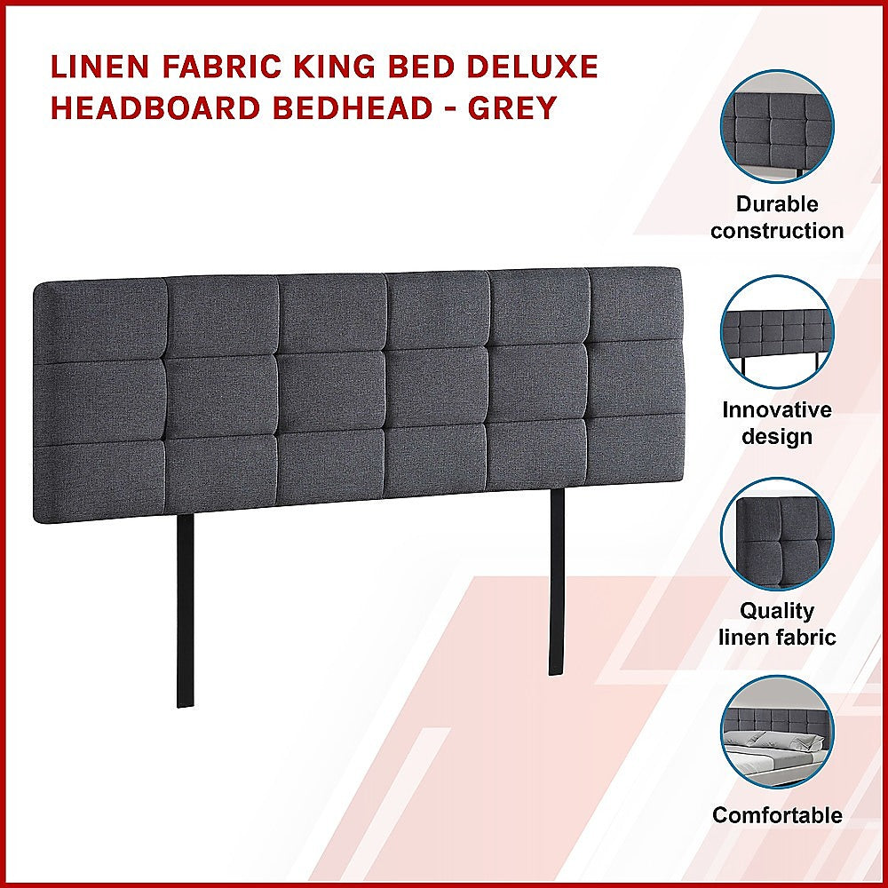 Headboards: Linen Fabric King Bed Deluxe Headboard Bedhead - Grey