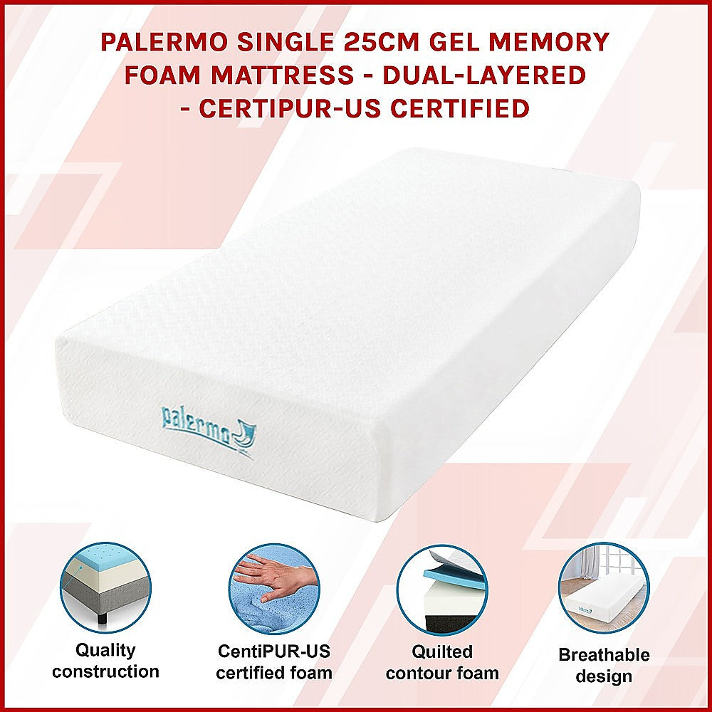 King Single Mattress: Single 25cm Gel Memory Foam Mattress  Dual-Layered Comfort with CertiPUR-US Certified Foam