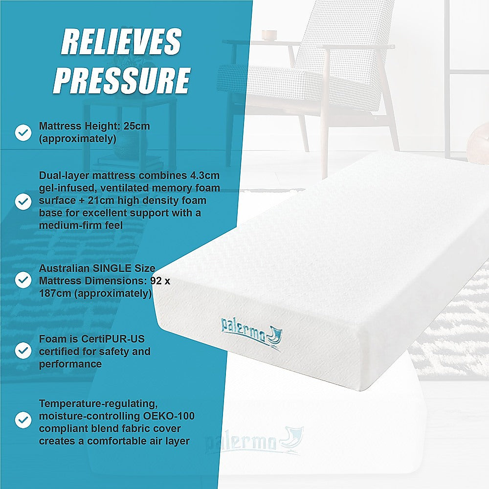 King Single Mattress: Single 25cm Gel Memory Foam Mattress  Dual-Layered Comfort with CertiPUR-US Certified Foam