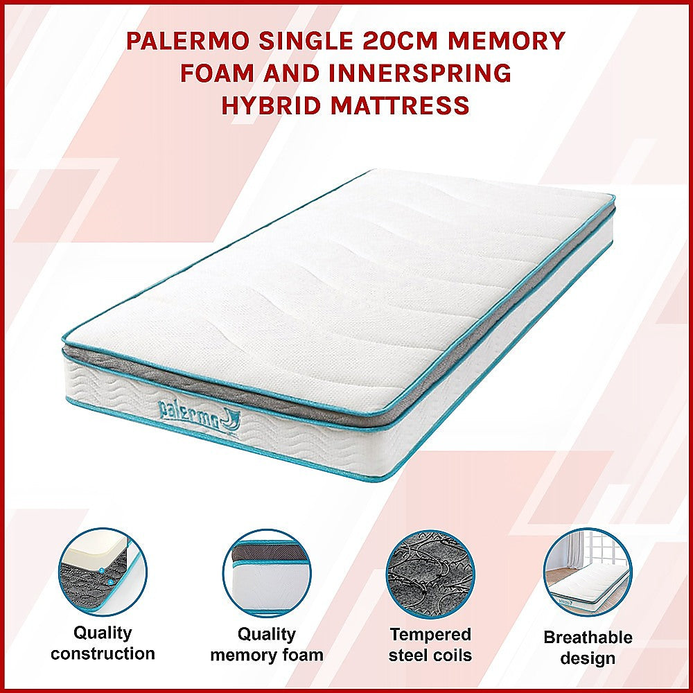Single Mattress: Single 20cm Hybrid Mattress  Memory Foam and Innerspring Support