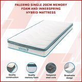Single Mattress: Single 20cm Hybrid Mattress  Memory Foam and Innerspring Support
