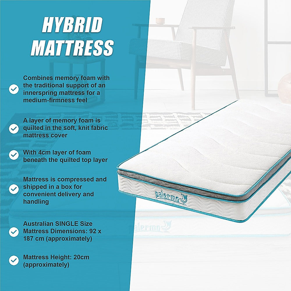 Single Mattress: Single 20cm Hybrid Mattress  Memory Foam and Innerspring Support