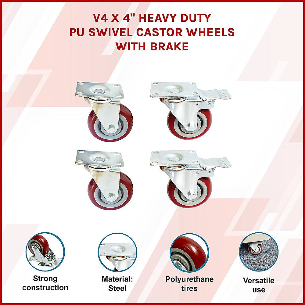 Ladders & Scaffolding: 4 x 4" Heavy Duty PU Swivel Castor Wheels With Brake