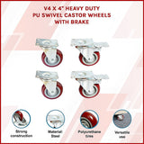 Ladders & Scaffolding: 4 x 4" Heavy Duty PU Swivel Castor Wheels With Brake