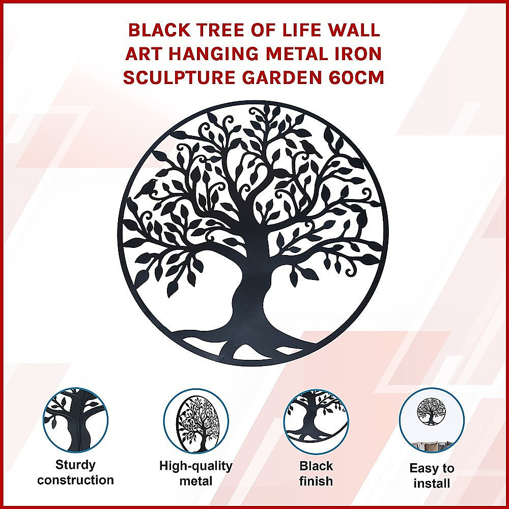 Garden Ornaments: Black Tree of Life Wall Art Hanging Metal Iron Sculpture Garden 60cm