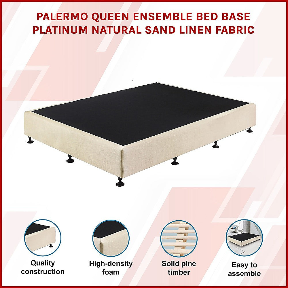 Beds & Bed Frames: Palermo Queen Ensemble Bed Base Platinum Natural Sand Linen Fabric
