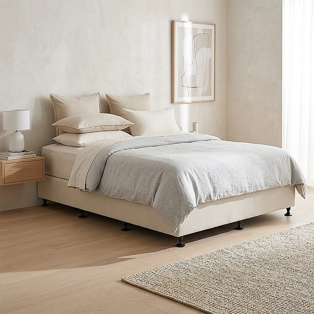 Beds & Bed Frames: Palermo Queen Ensemble Bed Base Platinum Natural Sand Linen Fabric