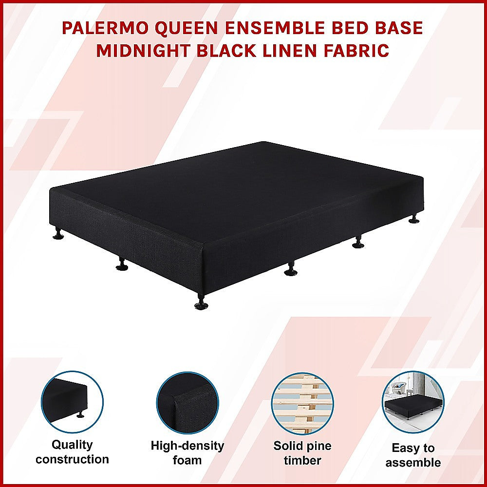 Beds & Bed Frames: Palermo Queen Ensemble Bed Base Midnight Black Linen Fabric