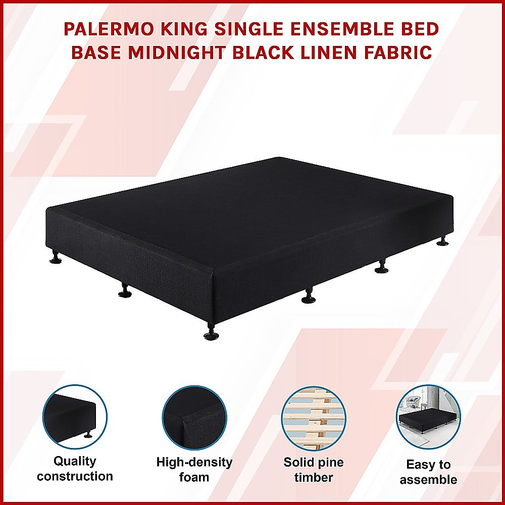 Beds & Bed Frames: Palermo King Single Ensemble Bed Base Midnight Black Linen Fabric