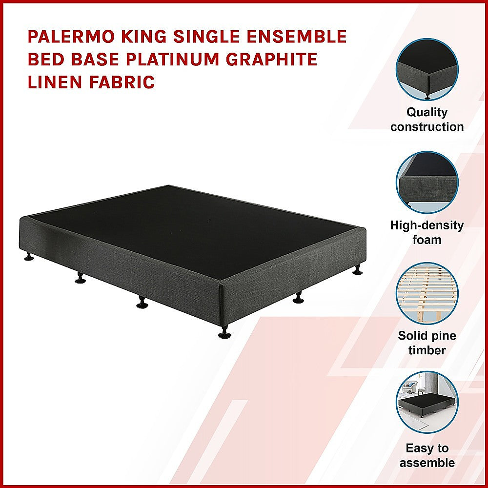 Beds & Bed Frames: Palermo King Single Ensemble Bed Base Platinum Graphite Linen Fabric