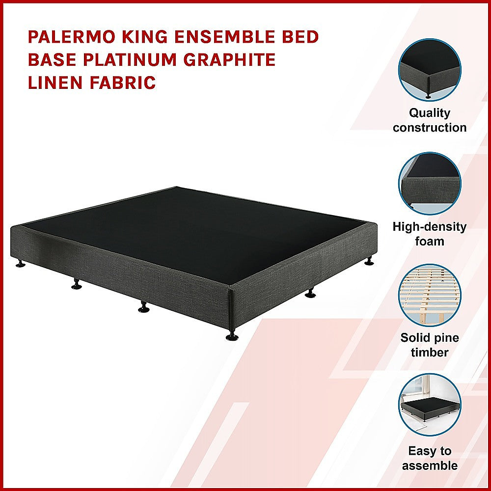 Beds & Bed Frames: Palermo King Ensemble Bed Base Platinum Graphite Linen Fabric