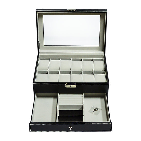 12 Grids Watch Display Case Leather jewellery Storage Box Organiser Lock Key