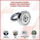 12Kg SALVAGE Strong MAGNET N52 Neodymium Eyebolt Circular Ring