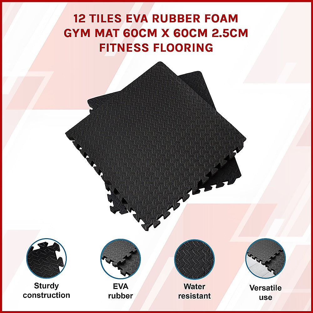 Gym Equipment & Accessories: 12 Tiles EVA Rubber Foam Gym Mat 60x60cm  2.5cm Thick Fitness Flooring Set