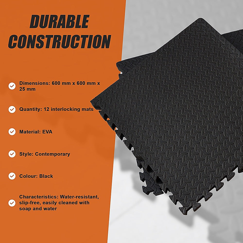Gym Equipment & Accessories: 12 Tiles EVA Rubber Foam Gym Mat 60x60cm  2.5cm Thick Fitness Flooring Set