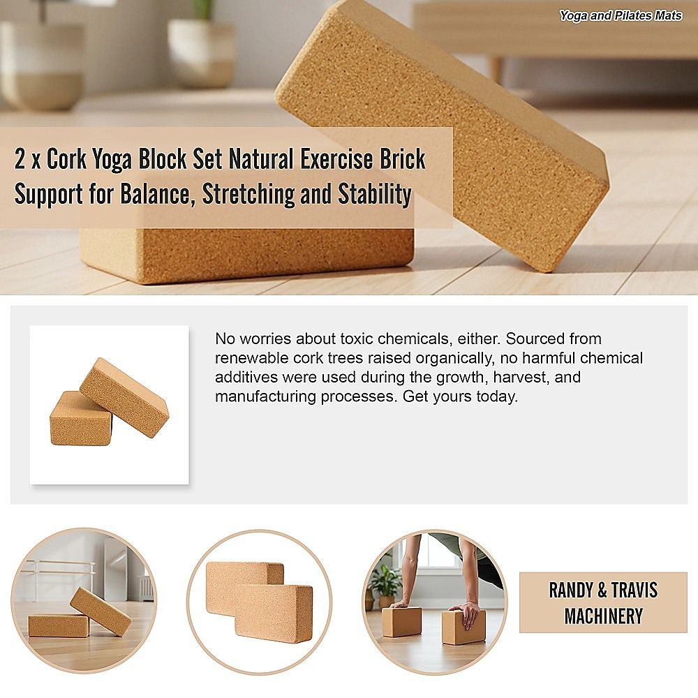 Yoga & Pilates: 2 x Cork Yoga Block Organic Yoga Prop Accessory Exercise Brick